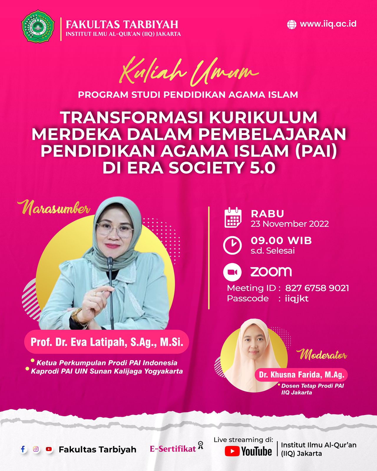 Live on Youtube: Kuliah Umum PAI “Transformasi Kurikulum Merdeka dalam Pembelajaran Pendidikan Agama Islam (PAI) Di Era Society 5.0”